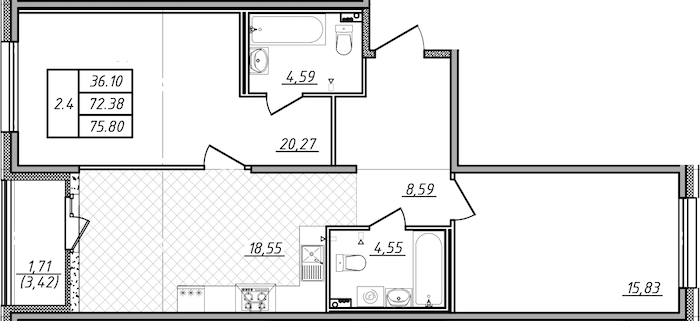 2-комнатная квартира 72.38 м², 2/13 эт., ЖК «Чёрная речка»
